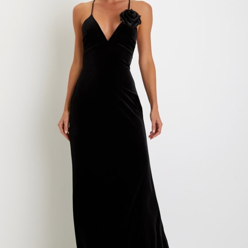 Lulus Got You Captivated Black Velvet Rosette Lace-up Maxi Dress - Size L